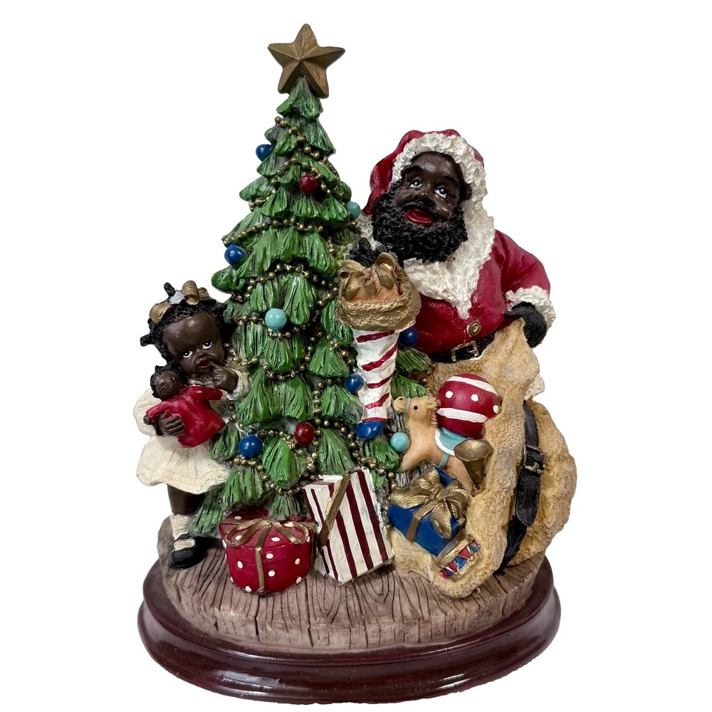 Black Santa Musical Figurine Plays We Wish You A Merry Christmas Resin Vtg Decor